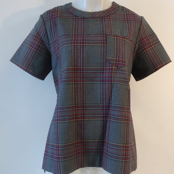 Women Sacai Black Gray Burgundy Plaid Short Sleeve Pleated Top Blouse M - Picture 2 of 14